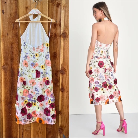Ivory 3D Colorful Floral Embroidered Halter Midi Dress πΏ - Picture 5 of 13